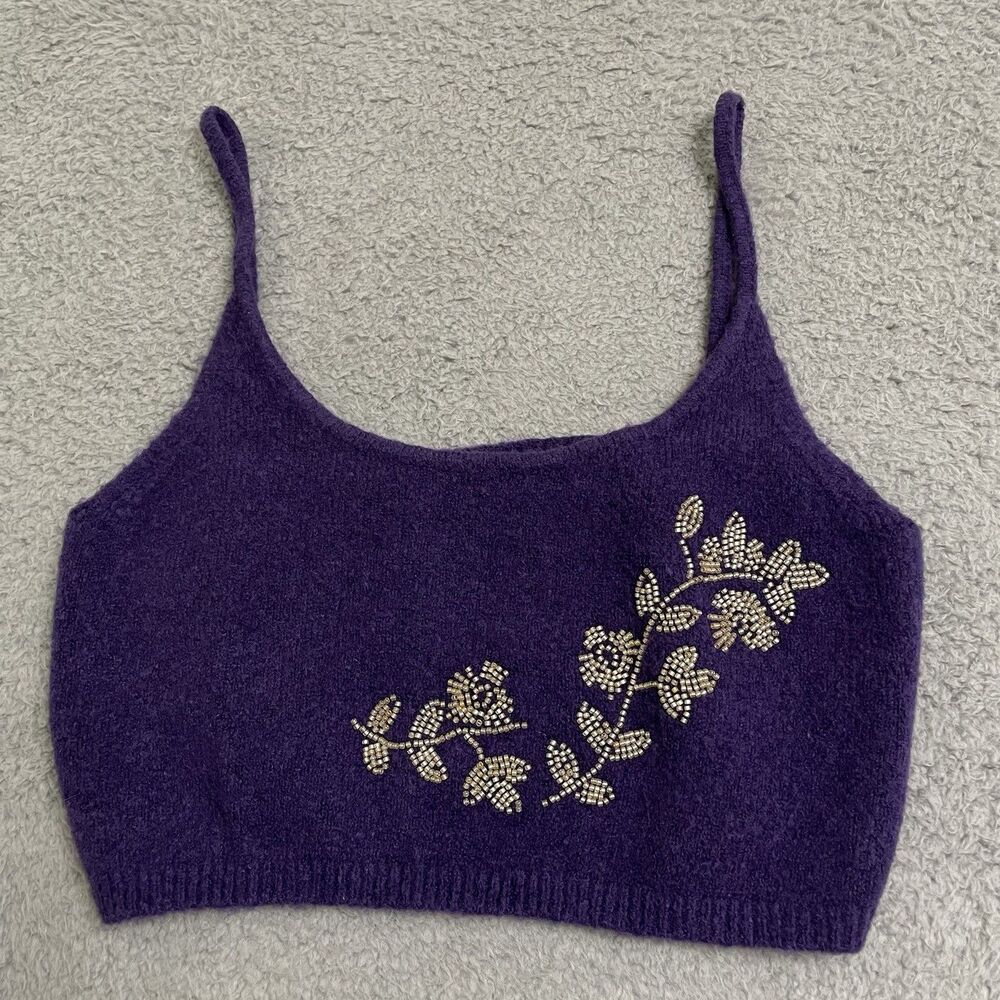 Zara 9598/006/603 Women's Sz Large Purple Beaded Knit Wool Blend Crop Top Cami